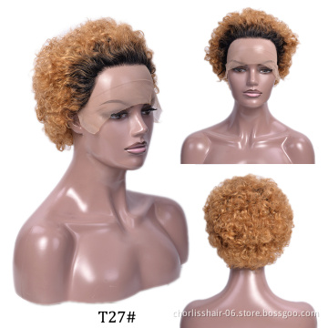 Wholesale Honey Brown Color Glueless Cheap Pixie Short Peruvian Hair Wig Kinky Curly Human Hair Lace Frontal Wig For Women